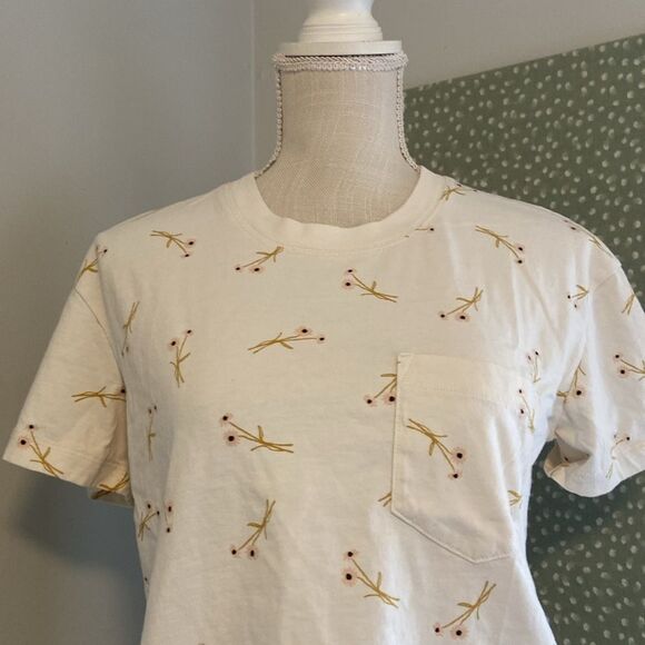 Madewell Ivory Petite Floral Print Pocketed Cropped Short Sleeve Blouse Sz Small - Picture 2 of 7